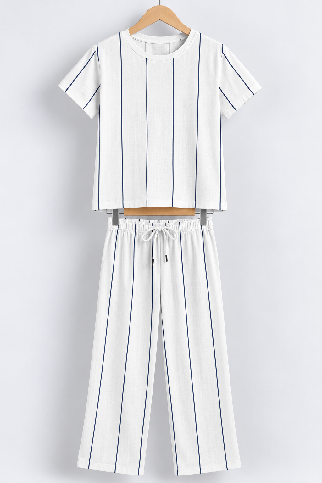 White Navy Blue Striped Half-Sleeve Coord Set