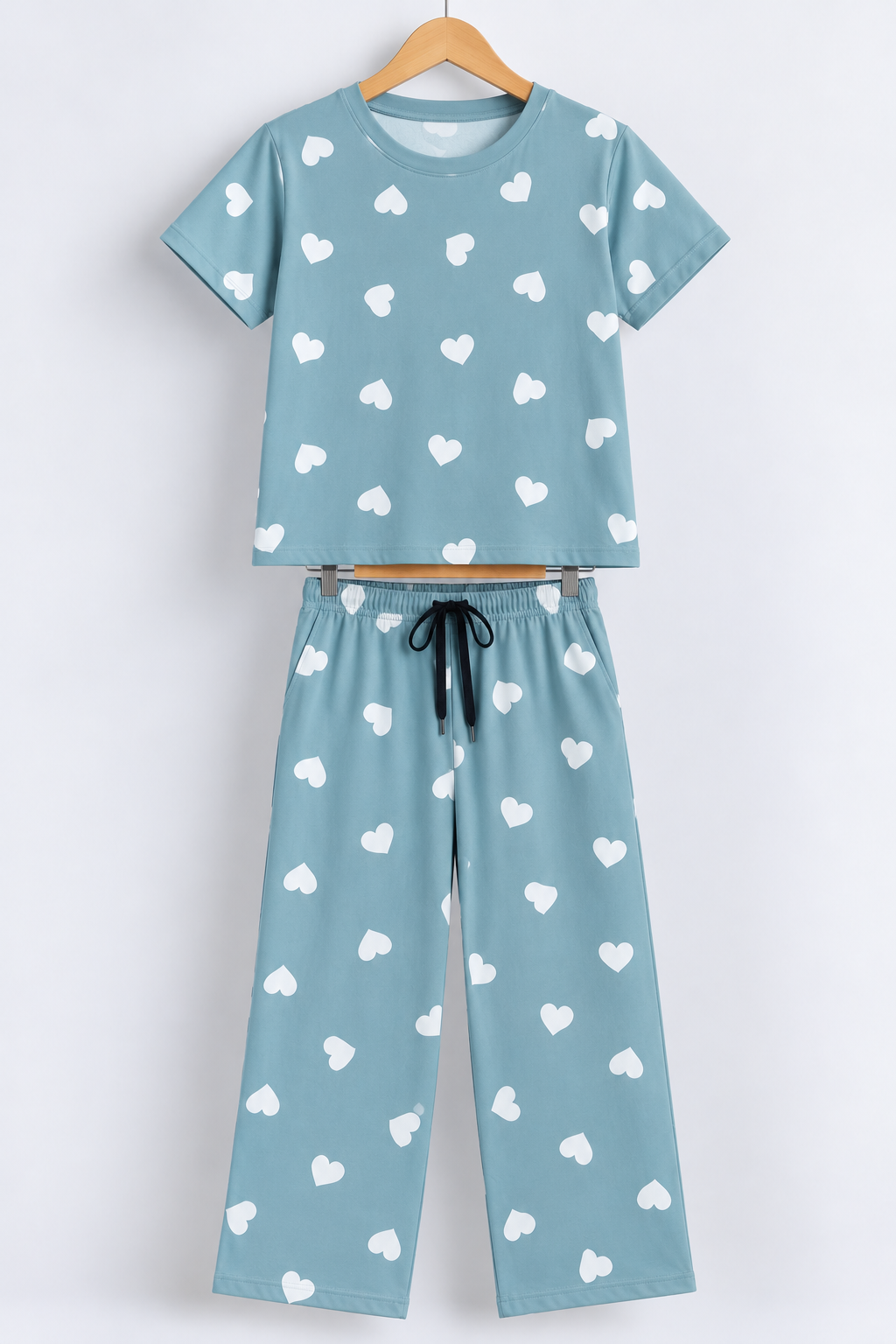 Heart Print Half-Sleeve Coord Set Sky Blue
