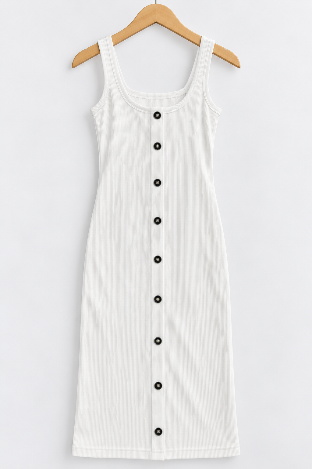 Ribbed Button-Front Sleeveless Cami Dress White