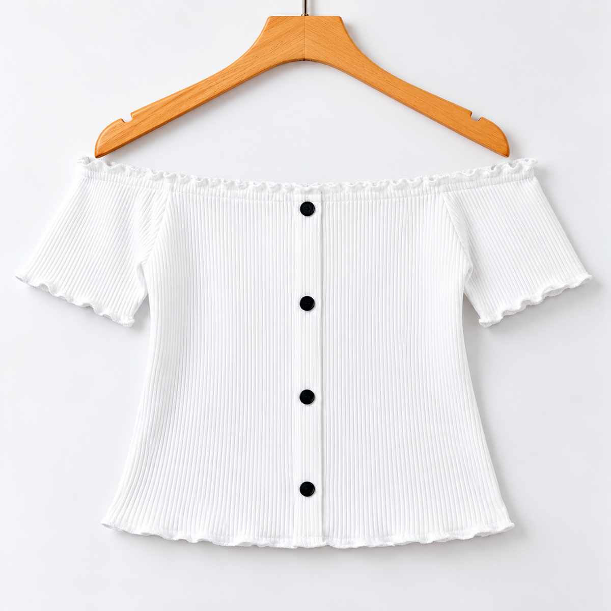 Ribbed Off-Shoulder Button-Front Top White