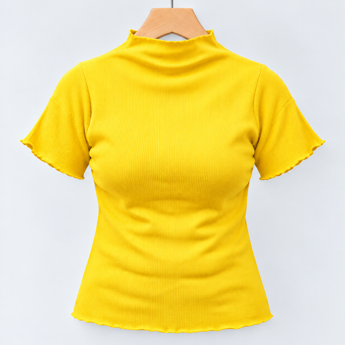 Ribbed Seamless High-Neck Short-Sleeve Top Yellow