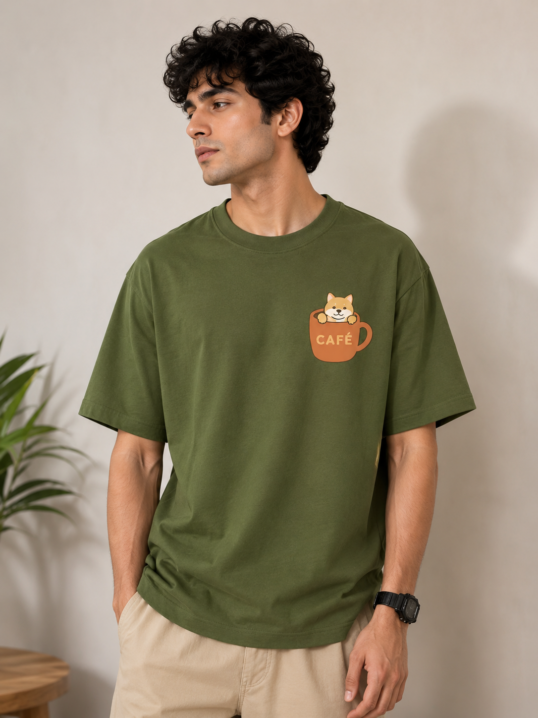 Cafe Pocket Cat Premium Oversized Tee