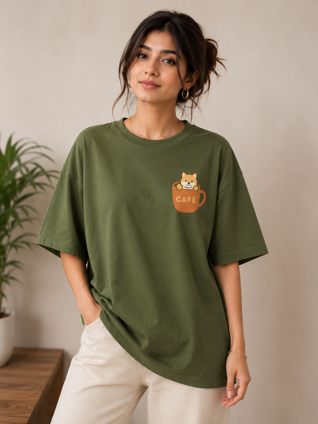 Cafe Pocket Cat Premium Oversized Tee