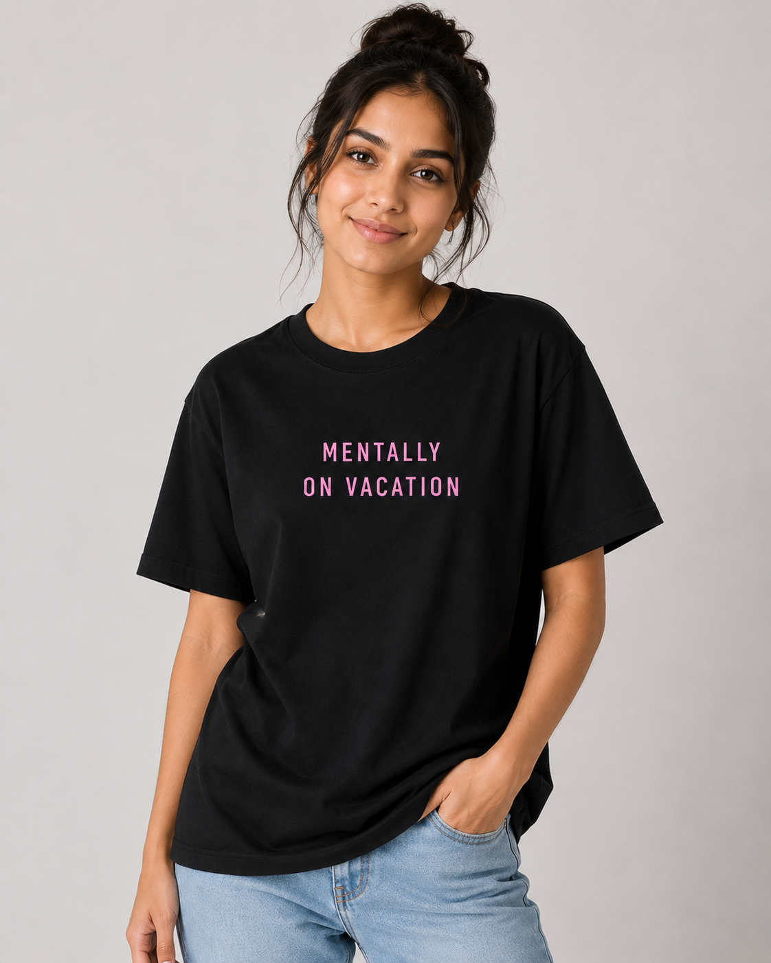 Mentally On Vacation Regular Pink Fit T-Shirt