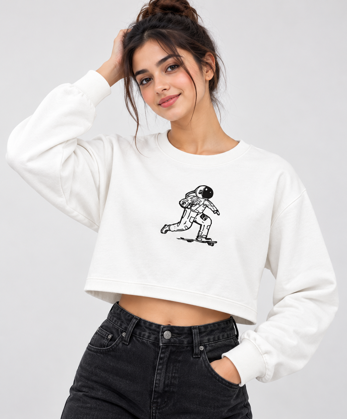 Astronaut Skateboard Cropped Sweatshirt White