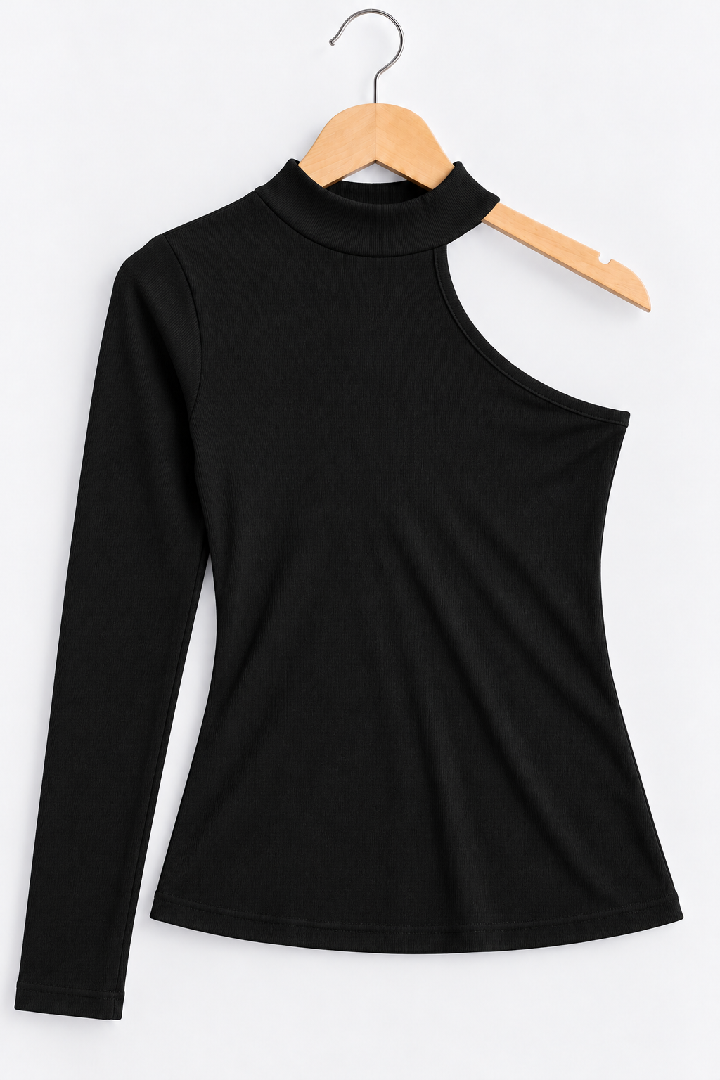 Ribbed One-Shoulder Cut-Out Long Sleeve Top Black