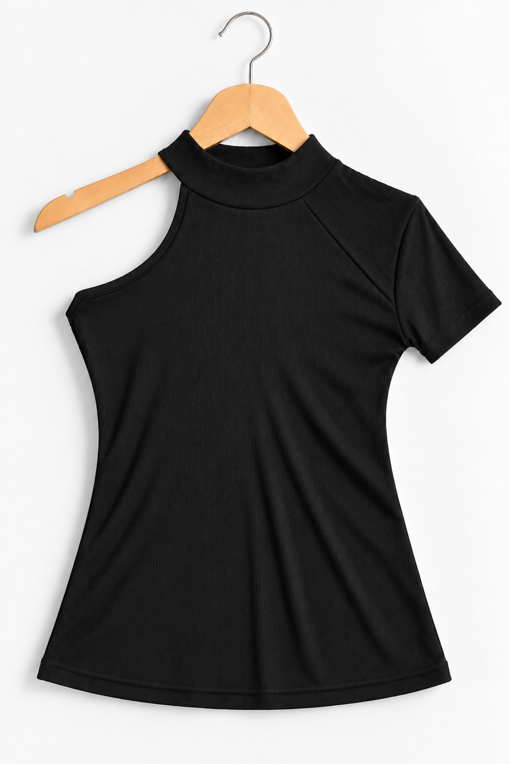 Ribbed One-Shoulder Cut-Out Top Black