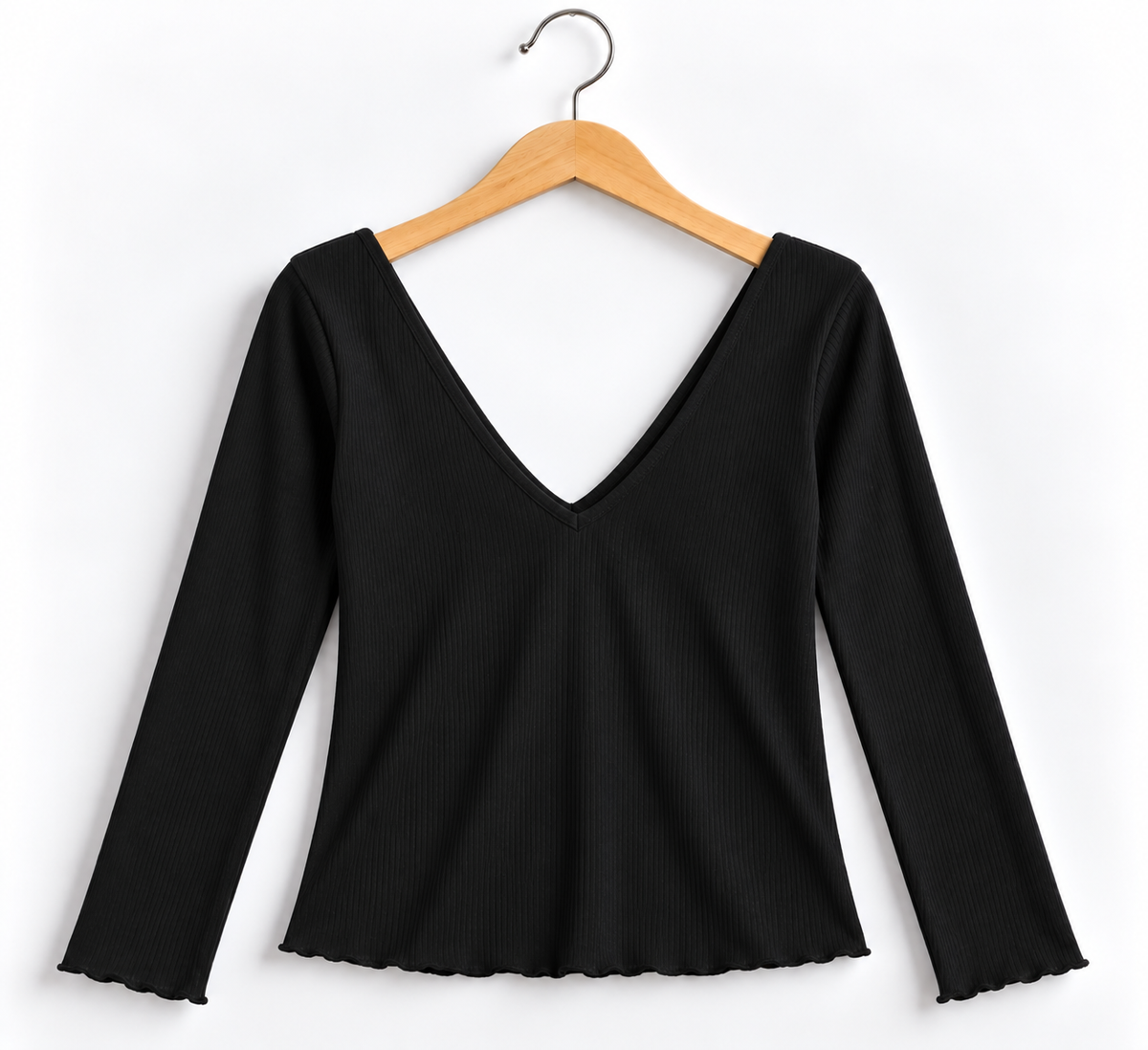 Deep V- Neck Full Sleeve Ribbed Top Black