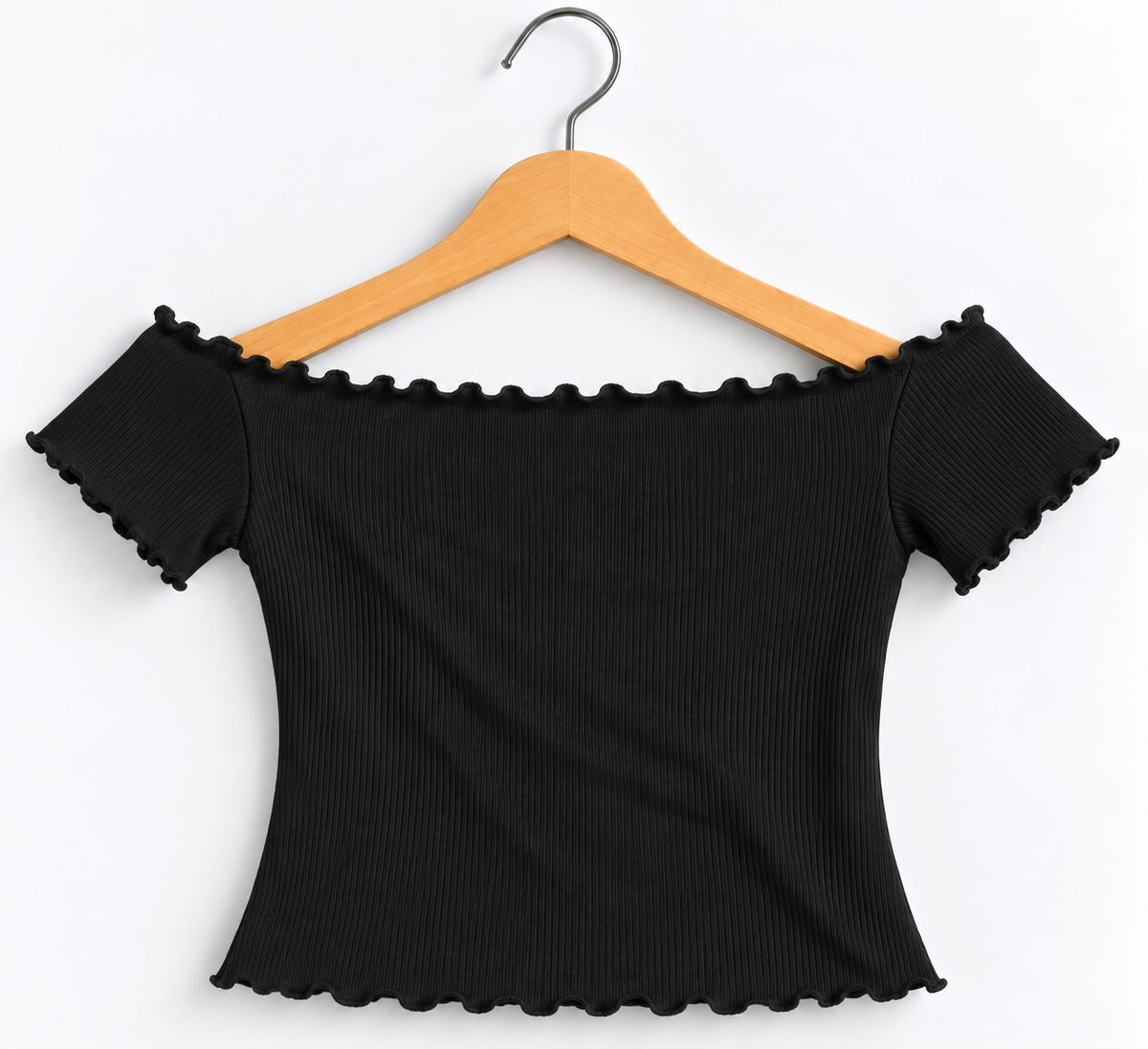 Ribbed Off-Shoulder Short Sleeve Top Black
