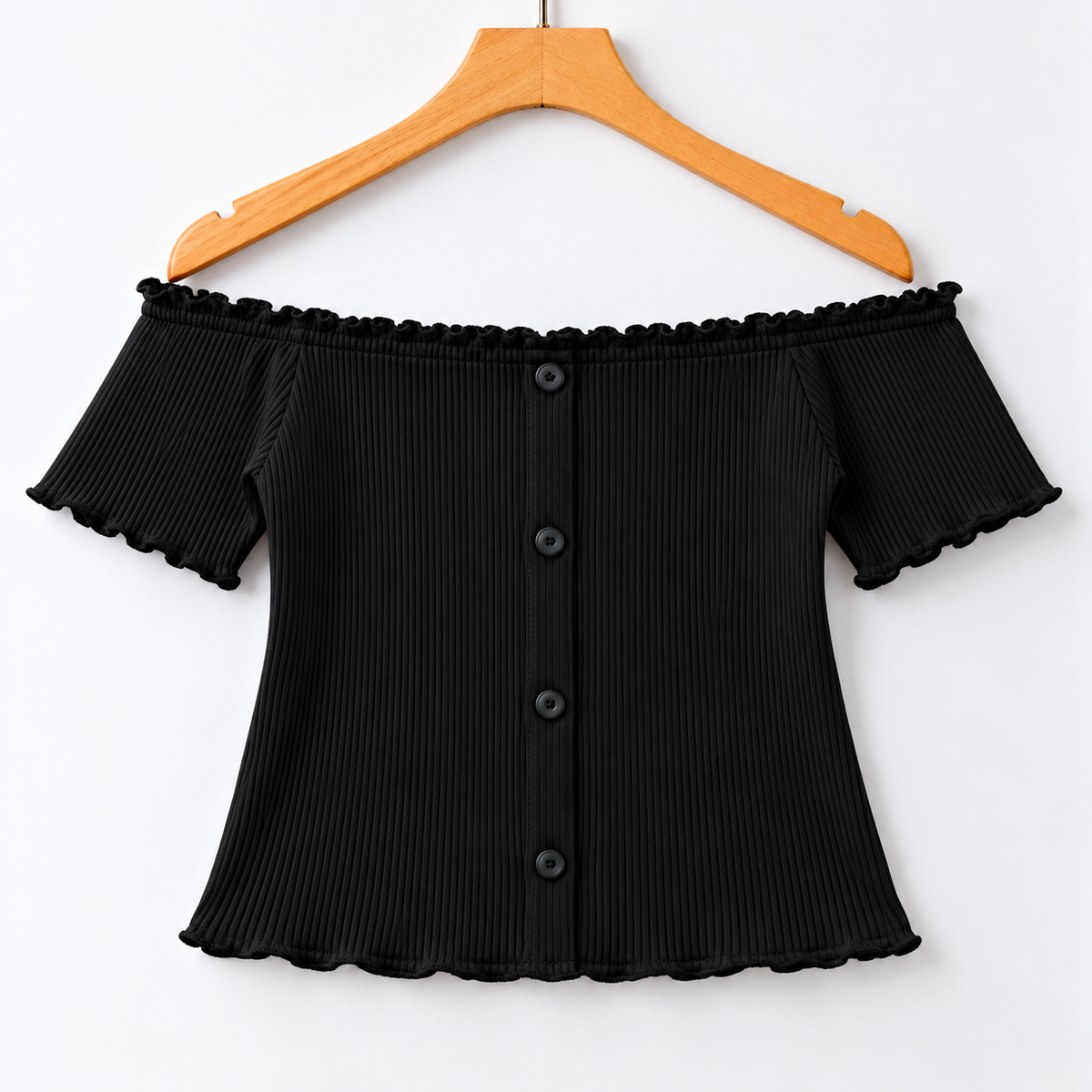 Ribbed Off-Shoulder Button-Front Top Black