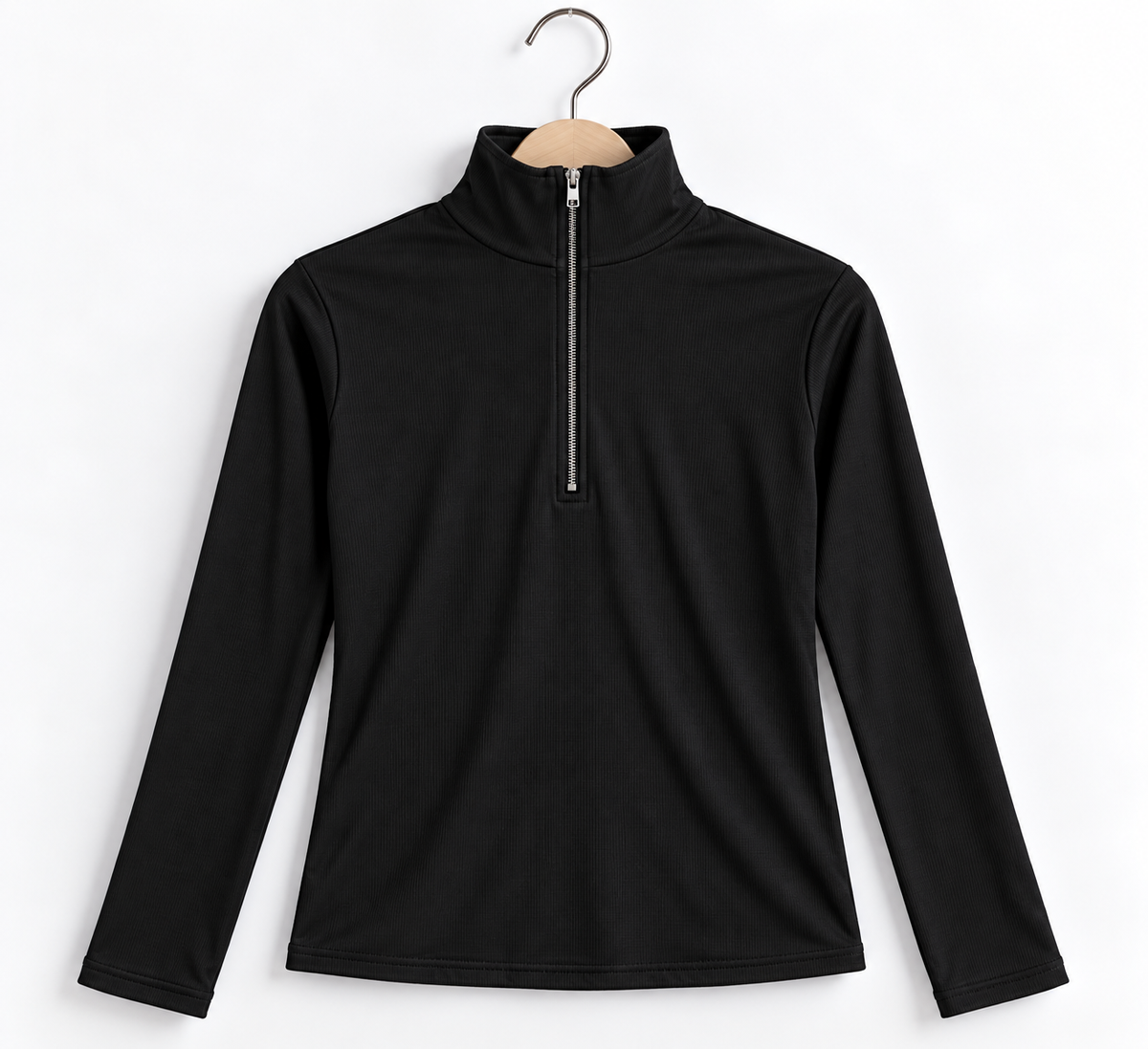 Zipper Mock Neck Full Sleeve Ribbed Top Black