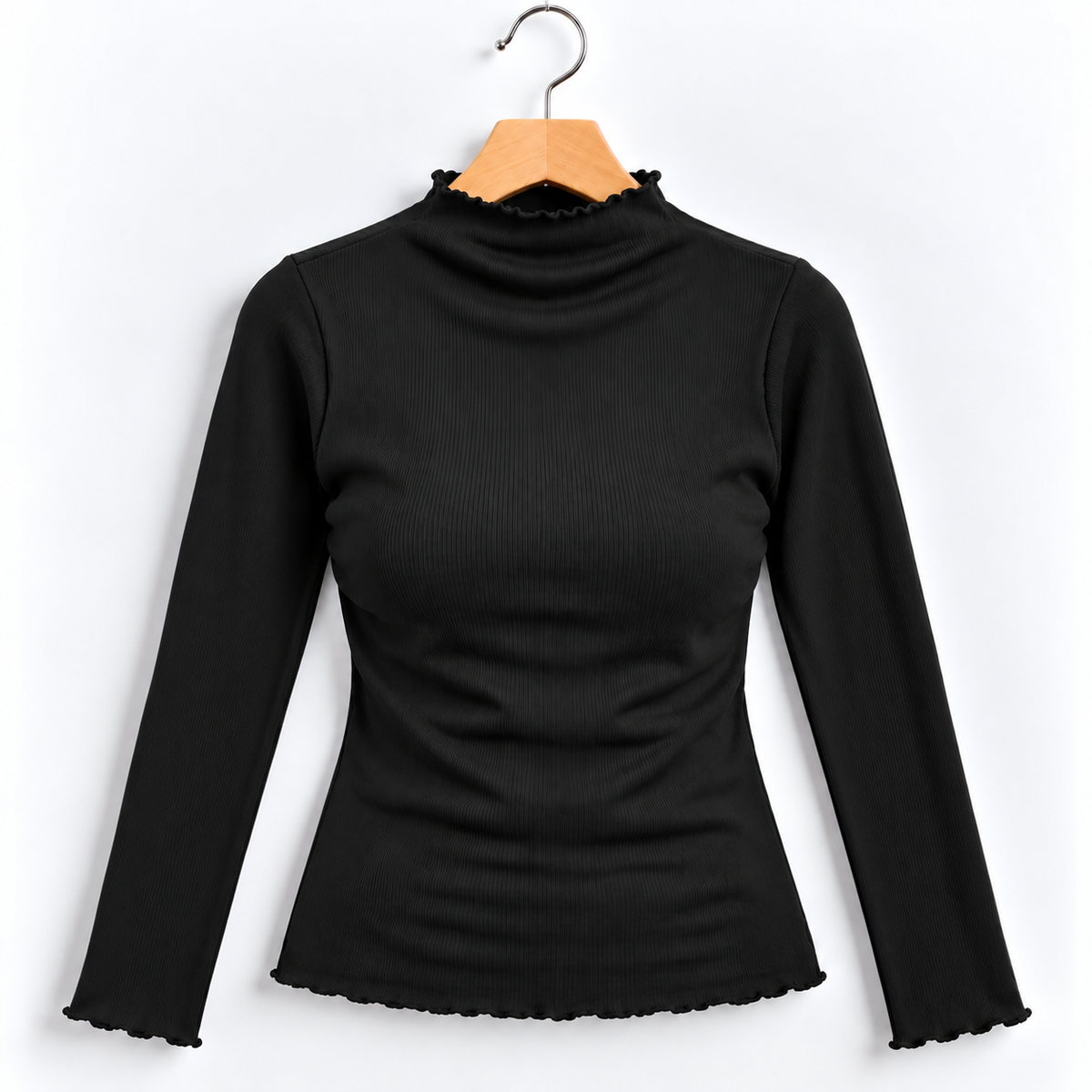 Ribbed Seamless High-Neck Long-Sleeve Top Black