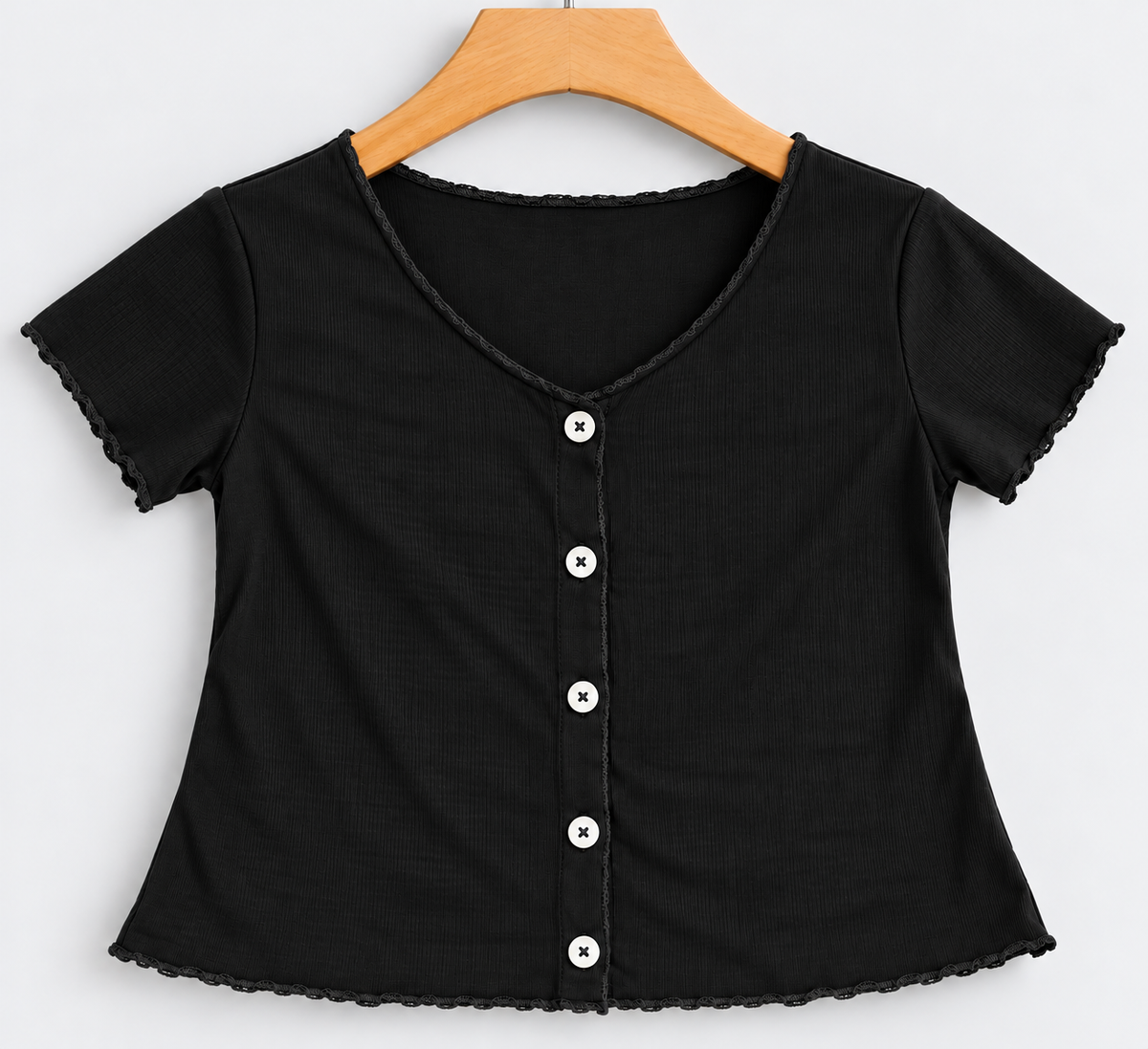 Ribbed Short-Sleeve Button-Front Top Black