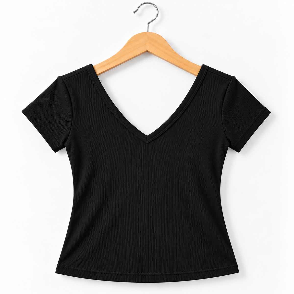 Ribbed Deep V-Neck Short-Sleeve Fitted Top Black