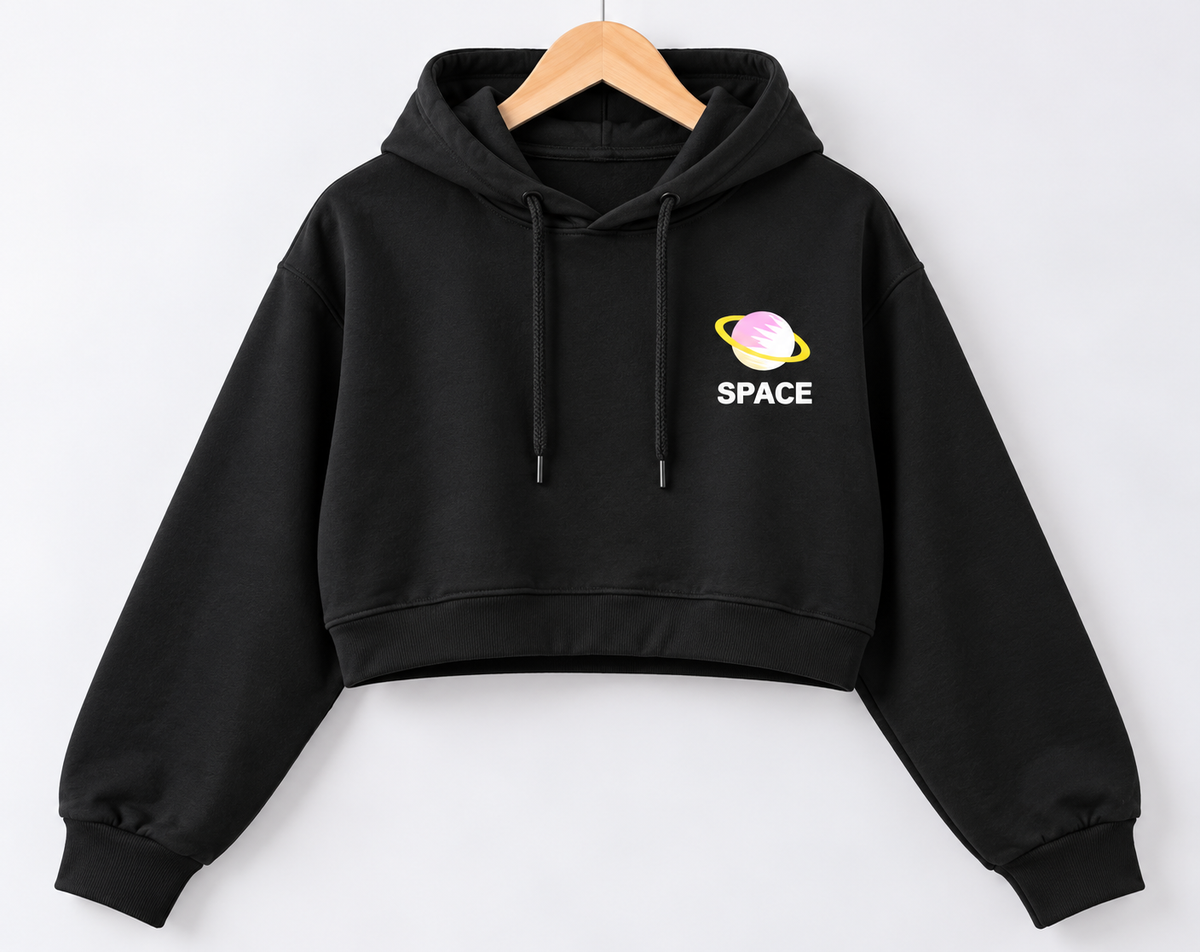 Space Graphic Cropped Hoodie Black