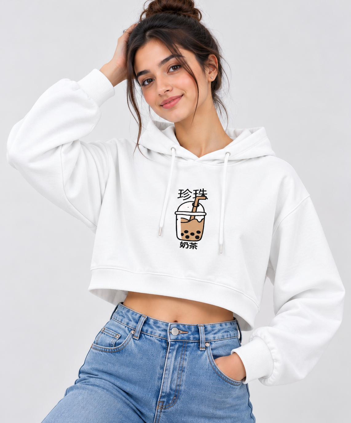 Boba Tea Graphic Cropped Hoodie White
