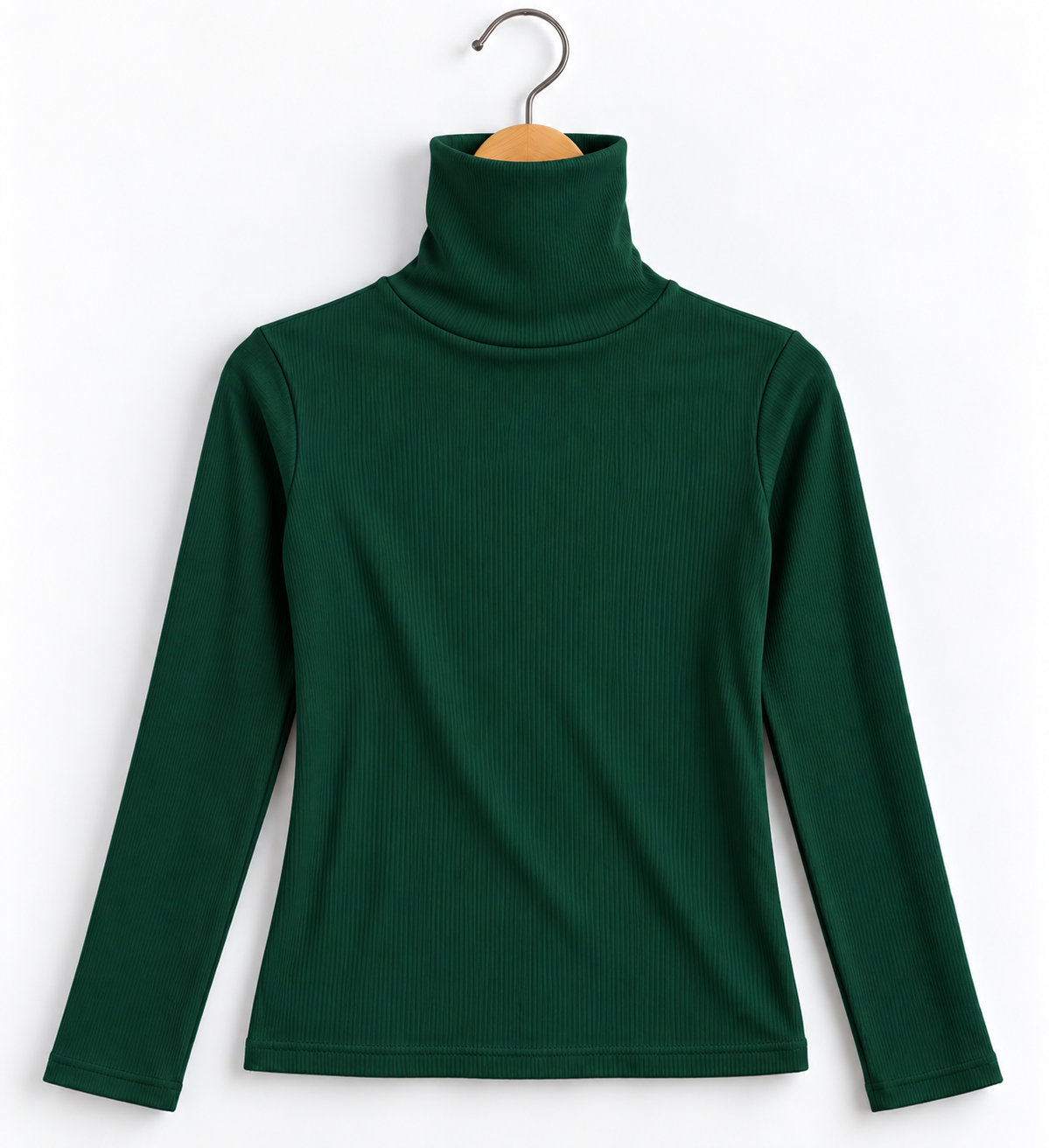 High Collar Full Sleeve Ribbed Top Bottle Green