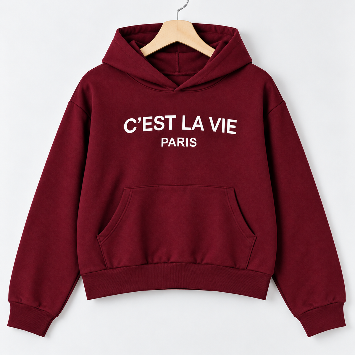 C’est La Vie Paris Cropped Hoodie Maroon