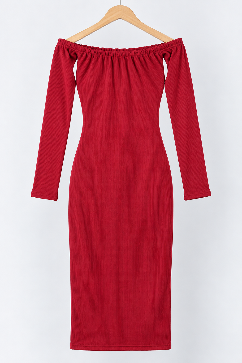 Maroon Ribbed Off-Shoulder Midi Dress