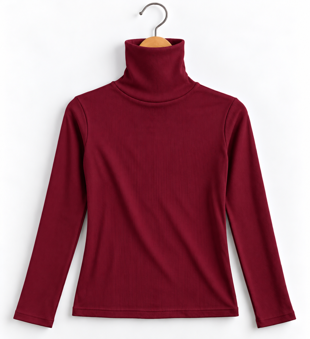 High Collar Full Sleeve Ribbed Top Maroon