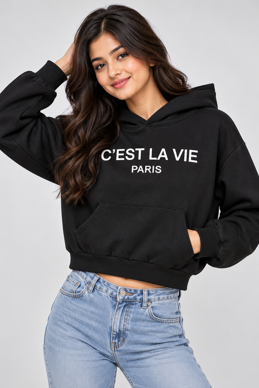 C’est La Vie Paris Cropped Hoodie Black