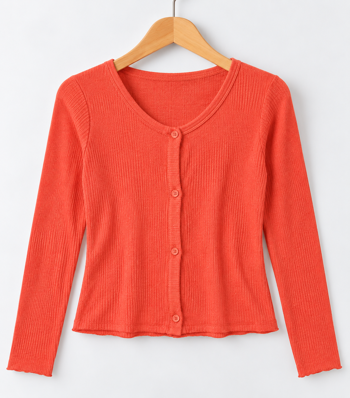 Ribbed Long-Sleeve Button-Front Top Carrot