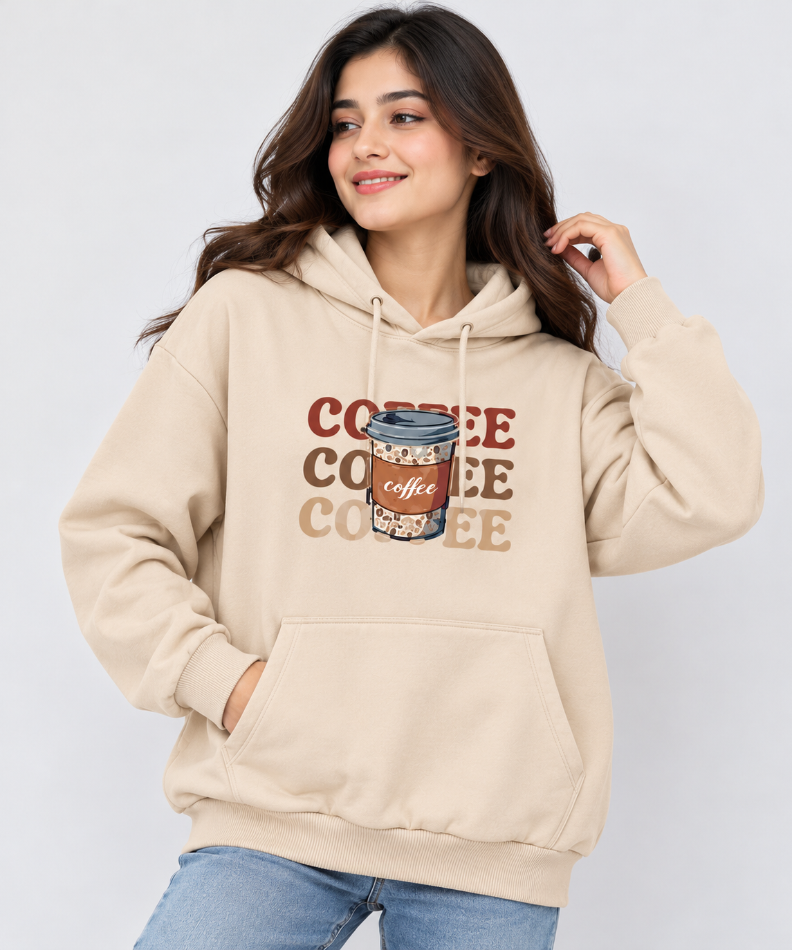 3 Coffee Graphic Oversized Hoodie Beige