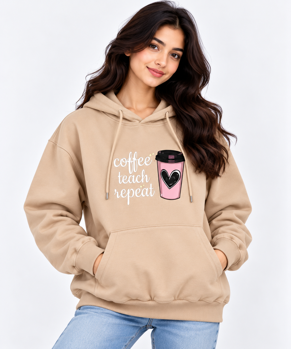 Coffee Teach Repeat Hoodie Beige