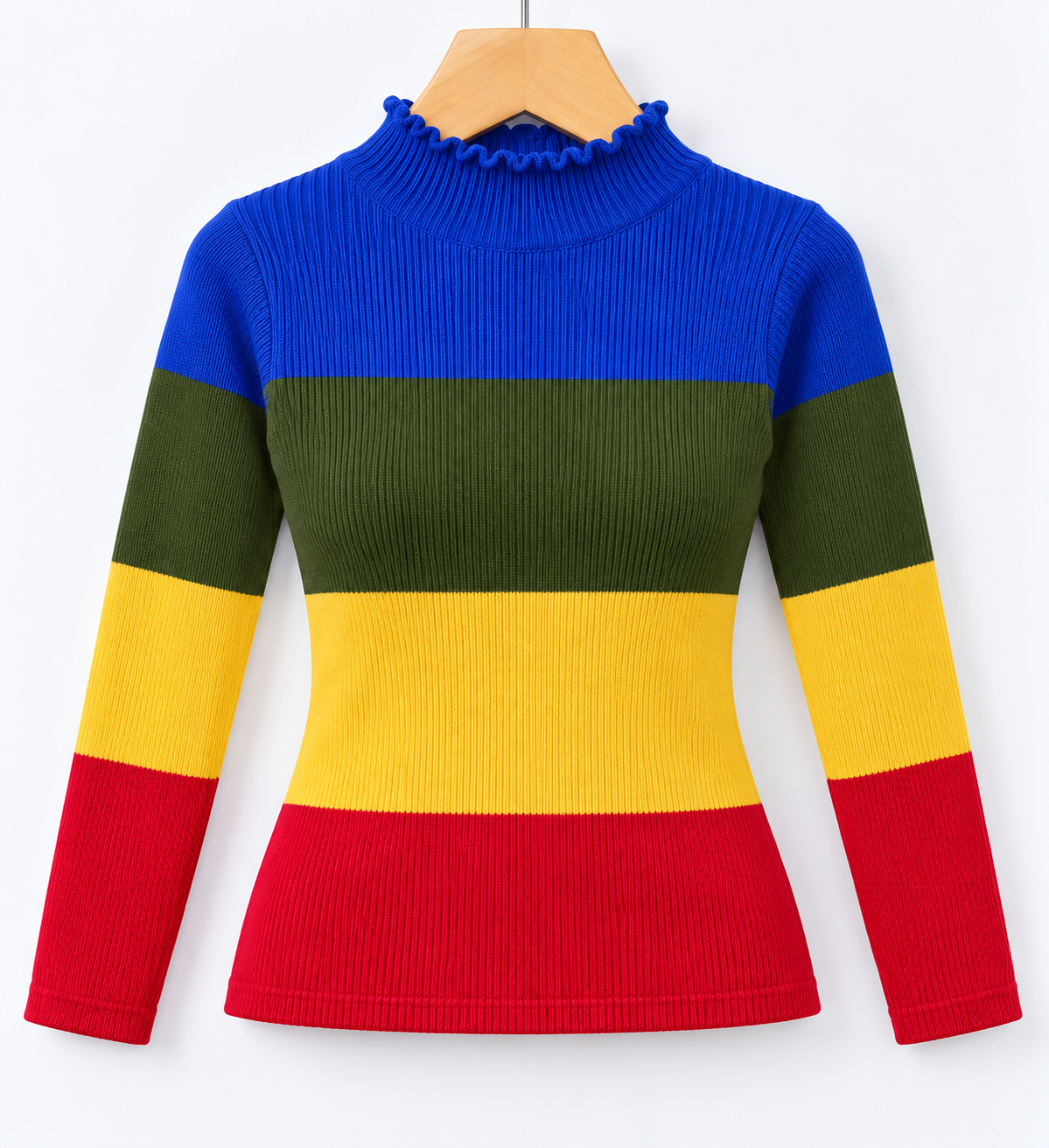 Striped Ribbed High-Neck Full-Sleeve Top Multicolour