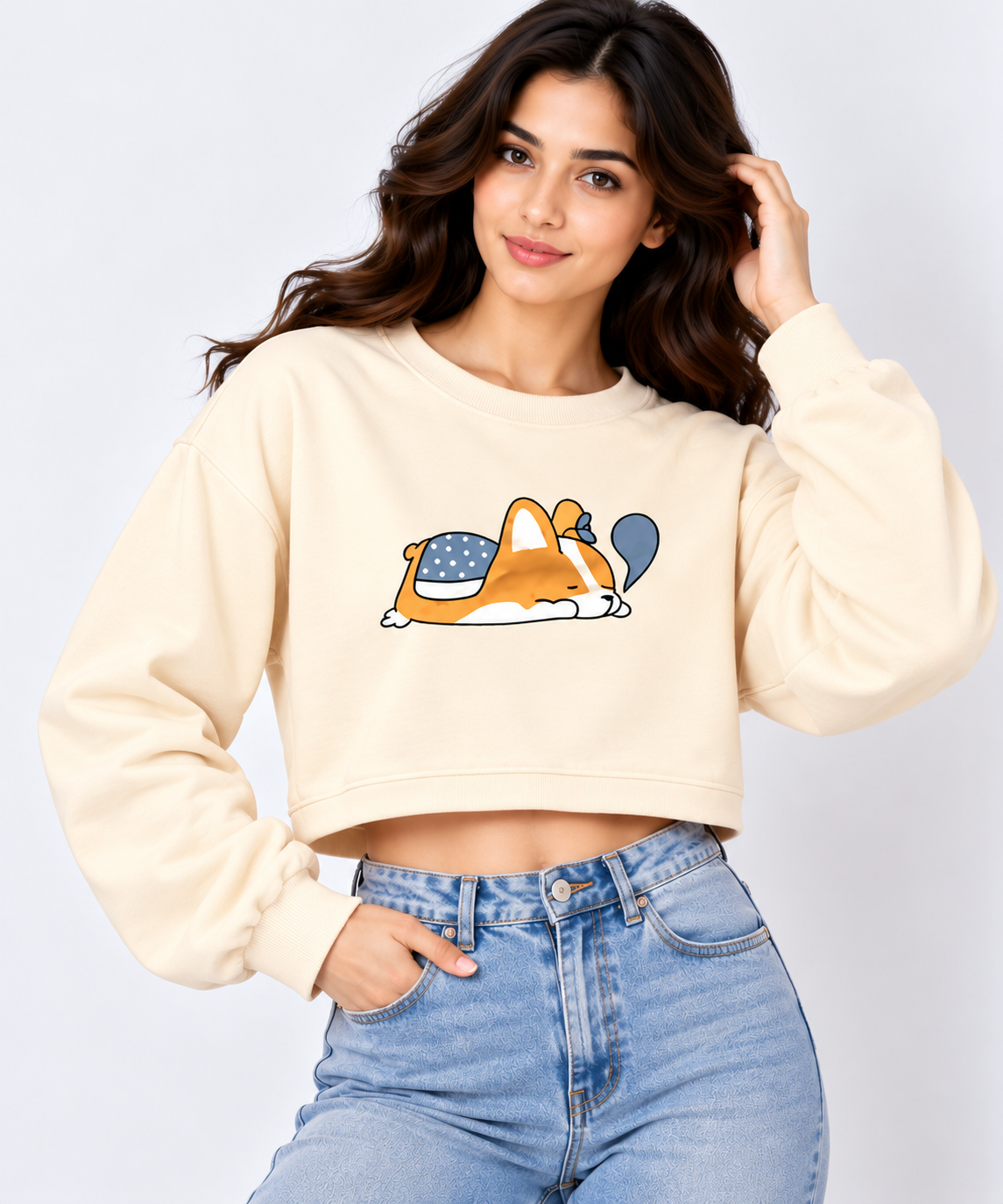 Sleeping Cat Print Cropped Sweatshirt Cream