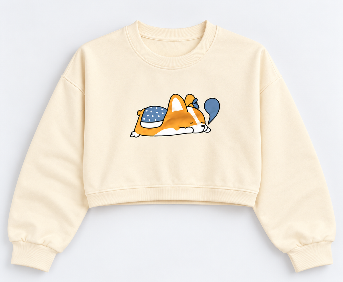Sleeping Cat Print Cropped Sweatshirt Cream