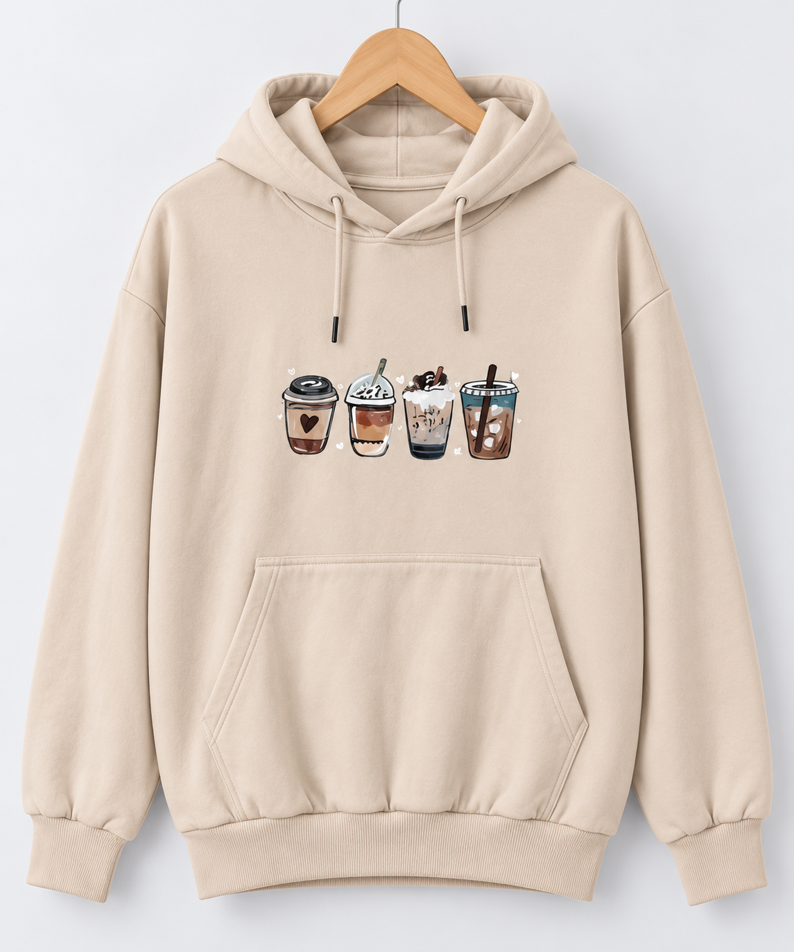 4 Coffee Cups Graphic Oversized Hoodie Beige