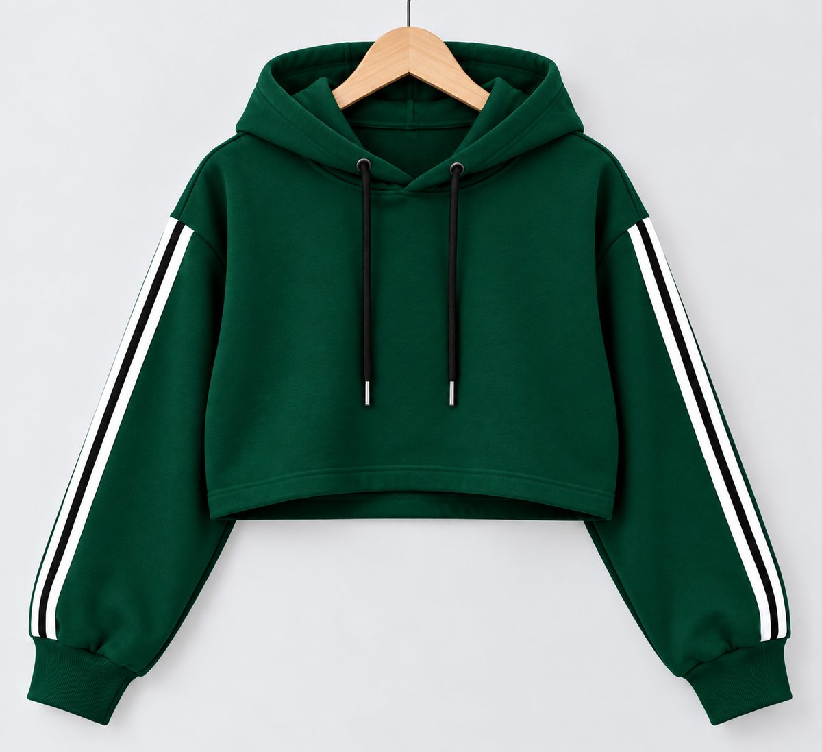 Sporty Striped Cropped Hoodie Bottle Green
