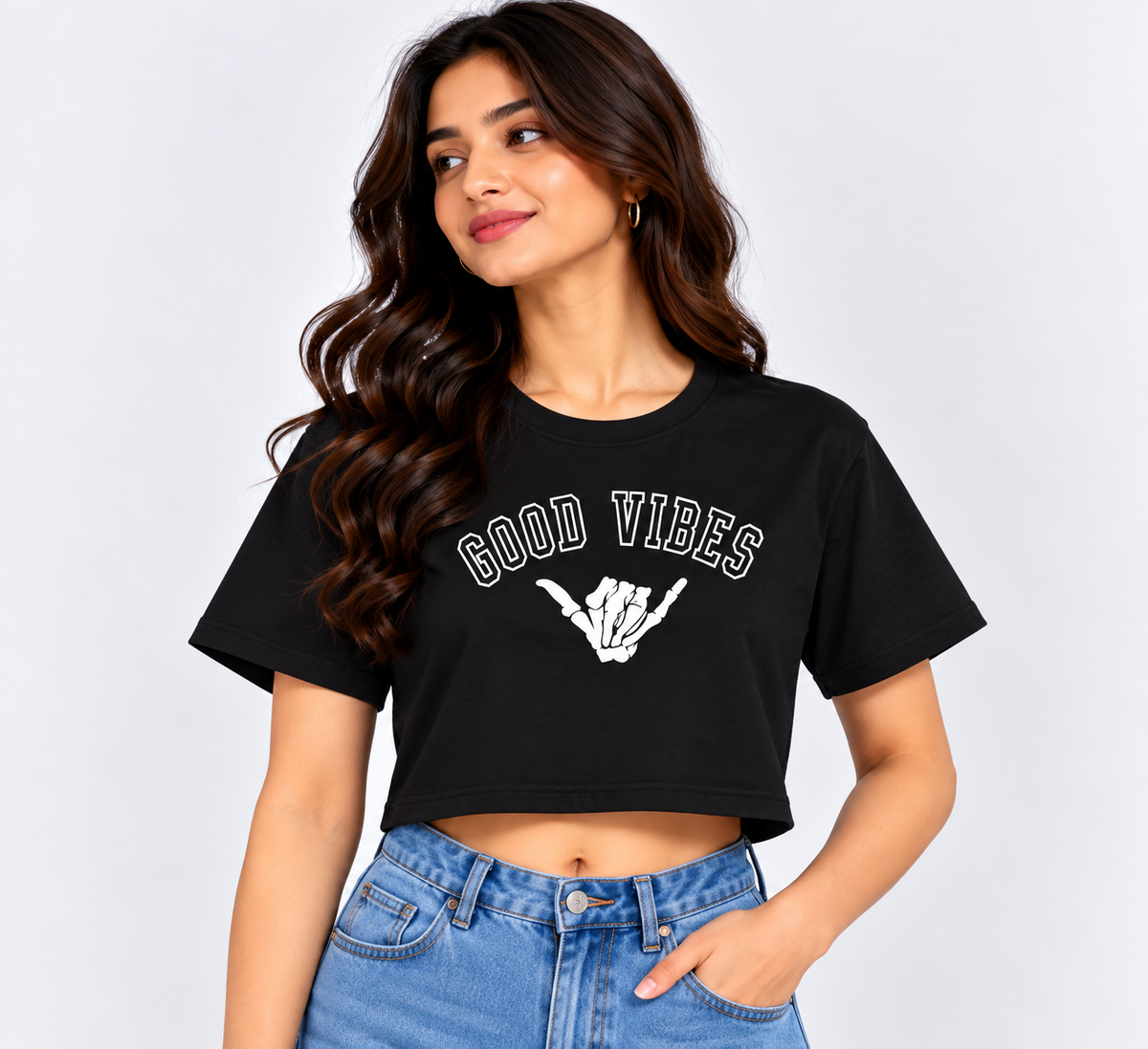 Good Vibes Skeleton Hand Crop T-Shirt Black