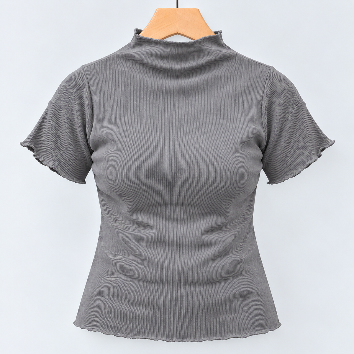 Ribbed Seamless High-Neck Short-Sleeve Top Grey