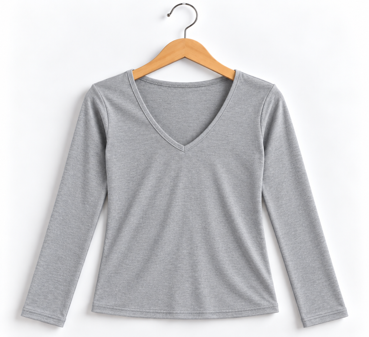 V- Neck Full Sleeve Ribbed Top Grey