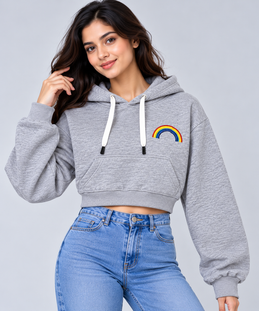 Rainbow Print Cropped Hoodie Grey