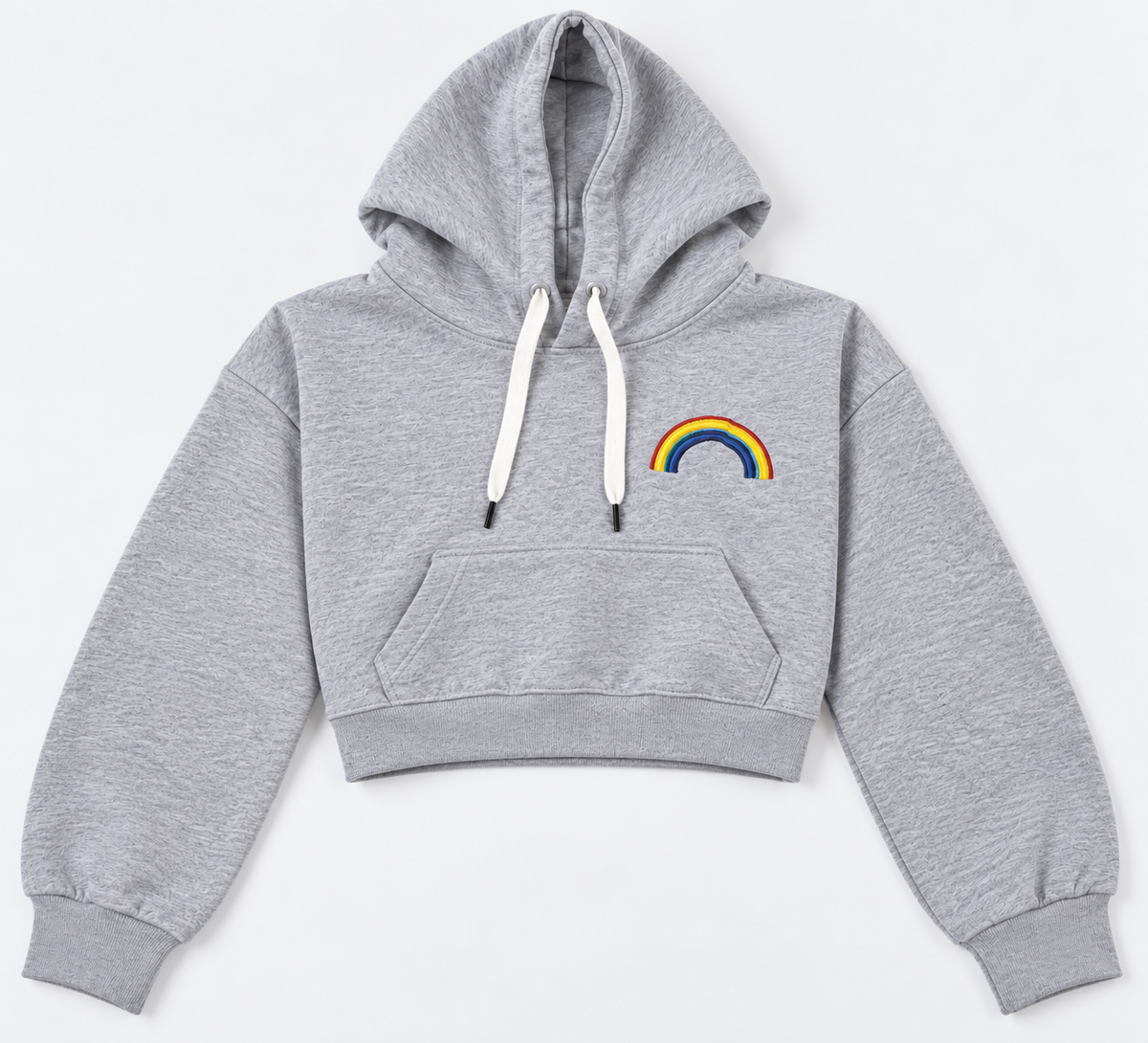 Rainbow Print Cropped Hoodie Grey