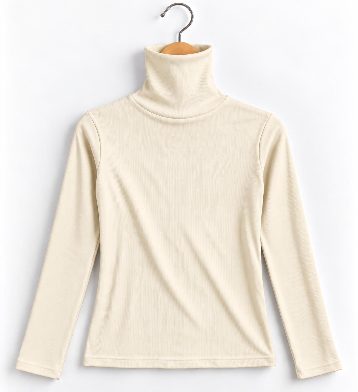 High Collar Full Sleeve Ribbed Top Cream