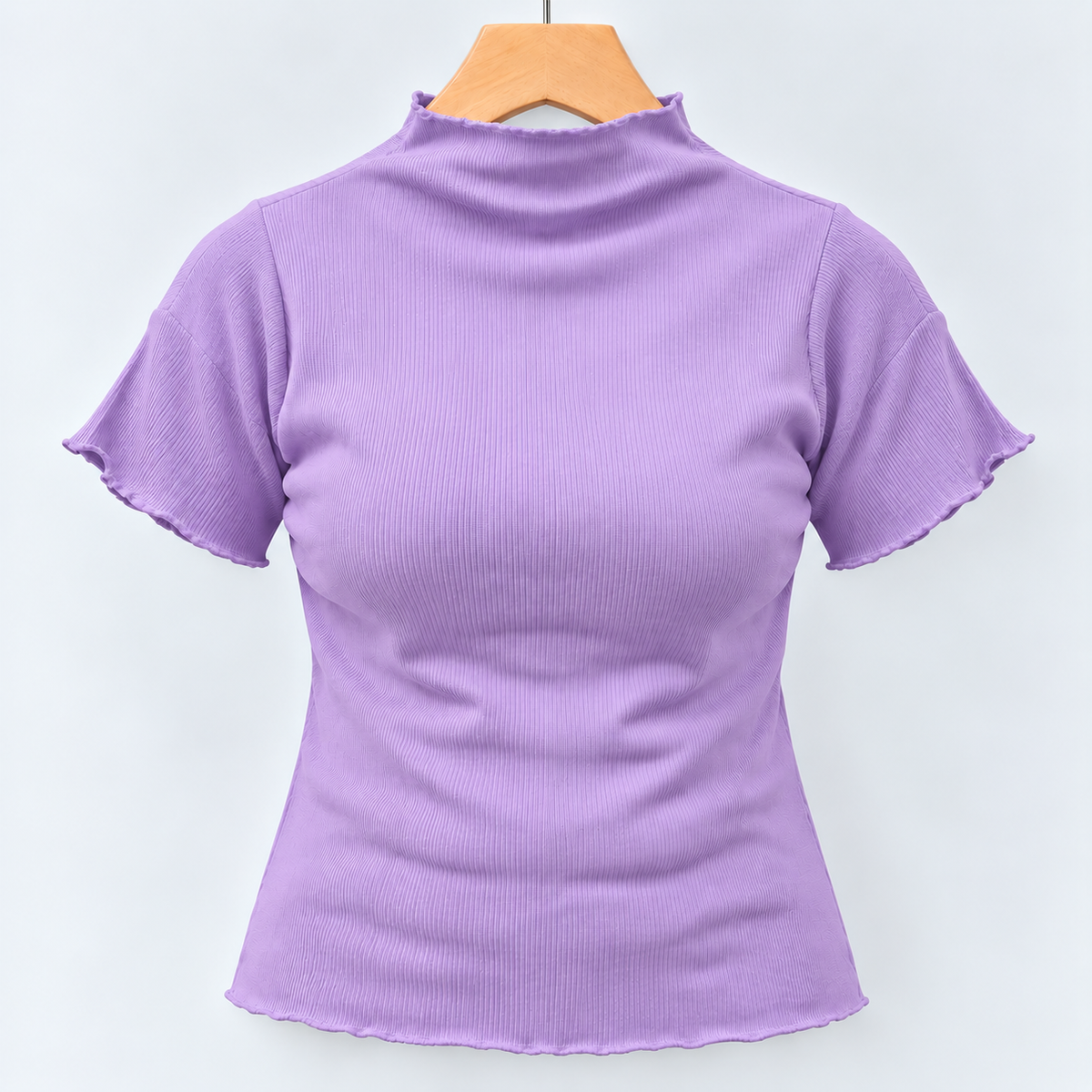 Ribbed Seamless High-Neck Short-Sleeve Top Lavender