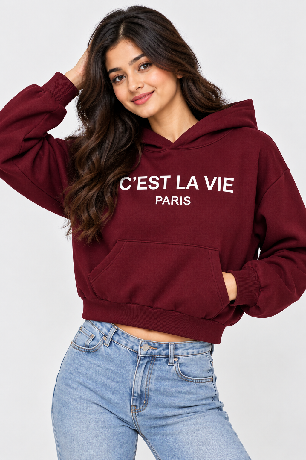 C’est La Vie Paris Cropped Hoodie Maroon