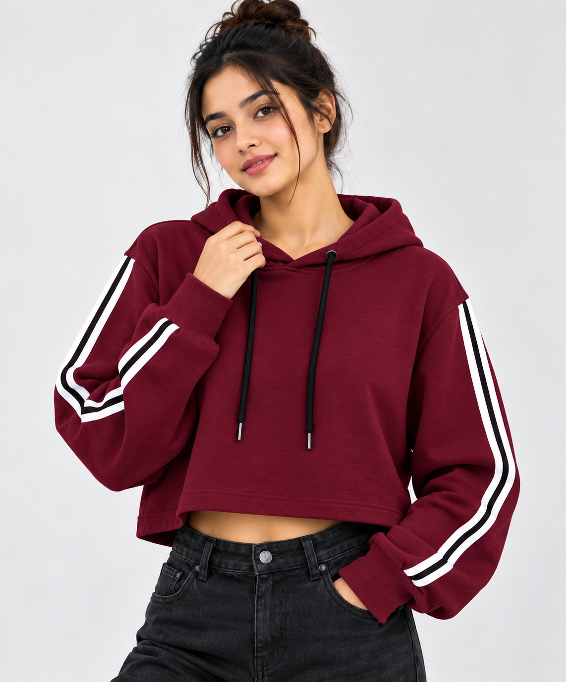Sporty Striped Cropped Hoodie Maroon