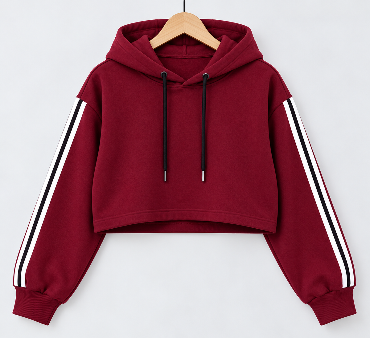 Sporty Striped Cropped Hoodie Maroon