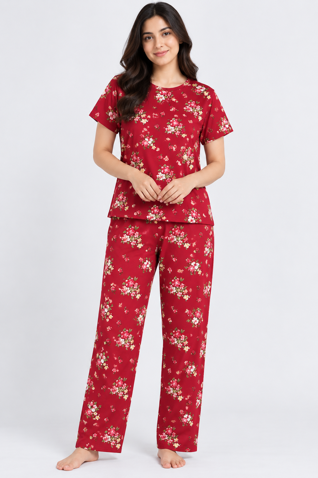 Floral Print Half-Sleeve Coord Set Maroon