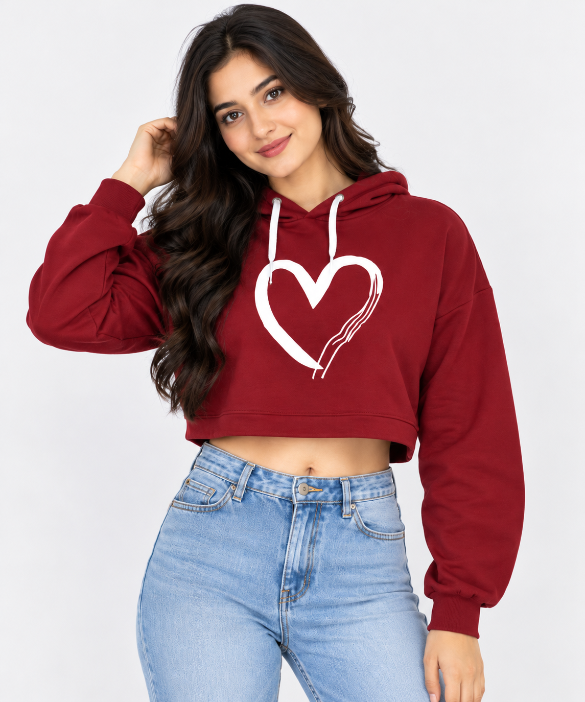 One Heart Cropped Hoodie Maroon