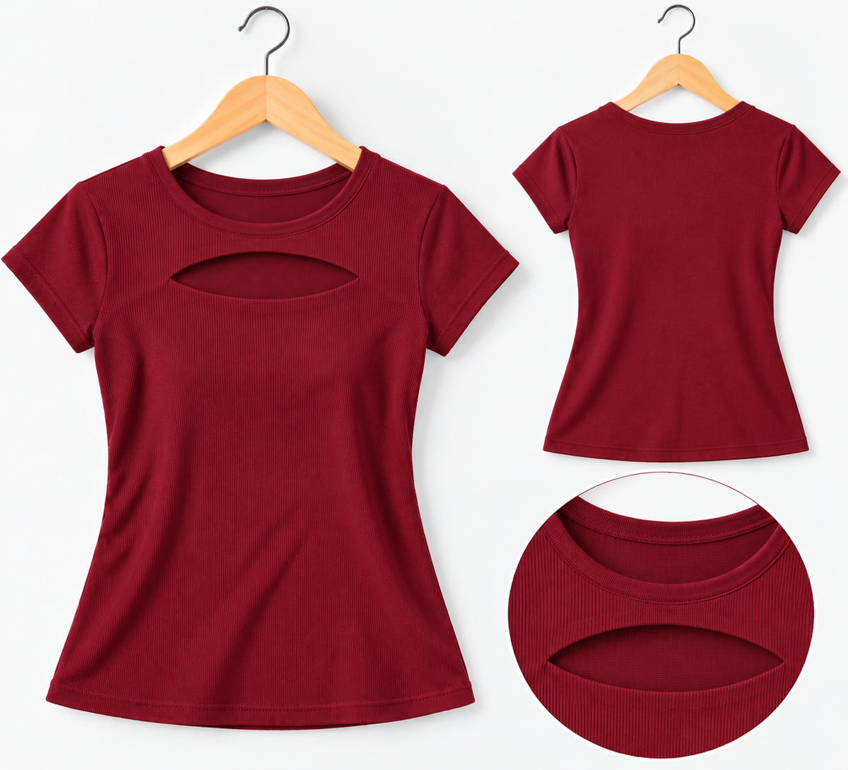 Ribbed Front Cut-Out Short-Sleeve Top Maroon