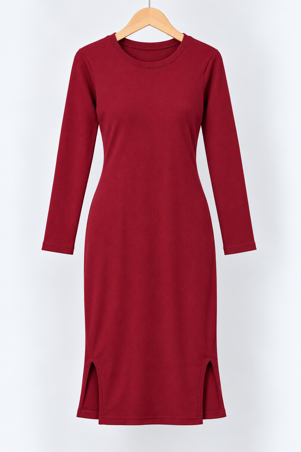 Maroon Ribbed Round Neck Full Sleeve Side-Slit Dress