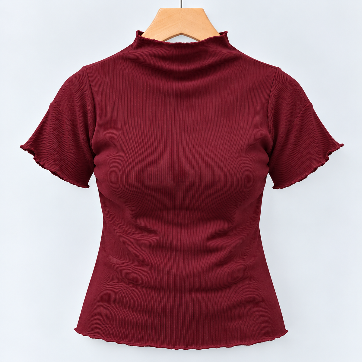 Ribbed Seamless High-Neck Short-Sleeve Top Maroon