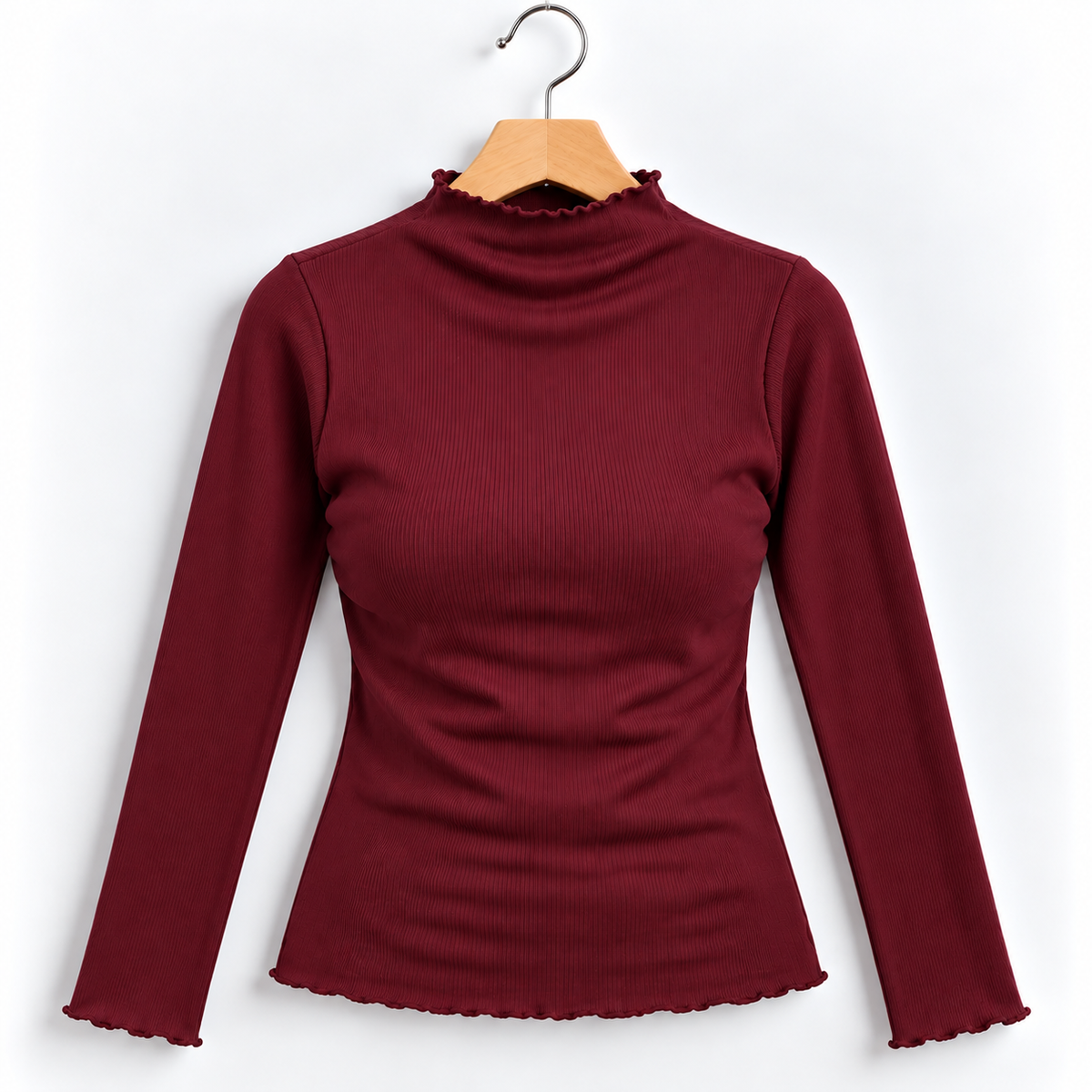 Ribbed Seamless High-Neck Long-Sleeve Top Maroon