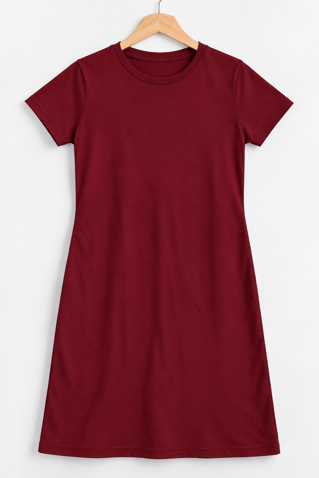 Round Neck Short Sleeve Ribbed Dress Maroon
